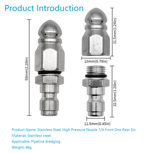 Buse haute pression en acier inoxydable 1/4, six buses avant et une arrière, résistante à la corrosion, filetage NPT, tête hexagonale 10 pour égouts - Product Image 3