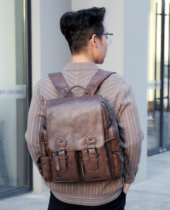 In Voorraad Heren Vintage Pu Lederen <span class=keywords><strong>Laptop</strong></span> Rugzak Grote Capaciteit Reisboekentas Zakelijke Werktas Voor Fietsen Wandelen Kamperen - Product Image 4