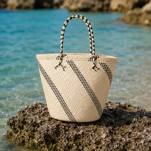 <b>Straw</b> Tote <b>Bag</b> with Black Diagonal Panels Bohemian Style Eco-friendly Open Top Summer Beach Handbag Autumn/Winter/Spring - Product Image 2