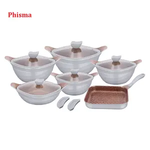 Modern design cast aluminum cookware set in square shape nonstick marble pots and pans for home and kitchen