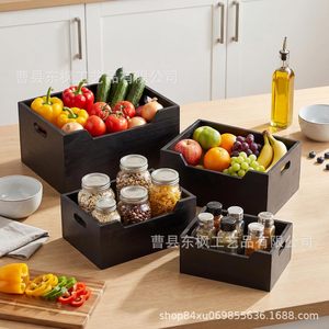 Wooden <b>Storage</b> Box Rectangle Retro Black Handle Kitchen Countertop Fruit Vegetable <b>Basket</b> - Product Image 2