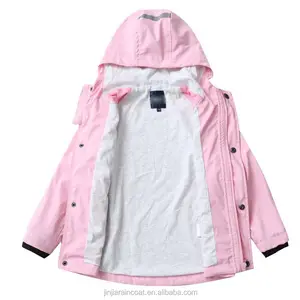 Jas hujan PU poliester merah muda kustom untuk anak perempuan jas hujan tahan air dengan Logo cetak jaket tahan lama untuk acara hujan