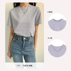 Camiseta de Color sólido con cuello en <span class=keywords><strong>V</strong></span>/cuello redondo para mujer, camisetas de estilo informal para niña, camisetas de algodón suave - Product Image 3