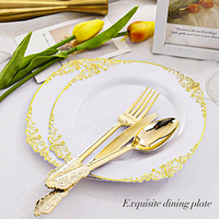 Vaisselle arabe, assiettes rondes en plastique transparentes et dorées, bord doré, pour mariage