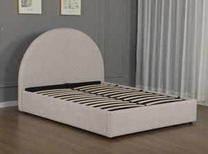 Кровать Willsoon с современной обивкой из бежевой ткани, регулируемым местом для хранения, изогнутым изголовьем в форме полумесяца, деревянным каркасом и мягким дизайном. - Product Image 3