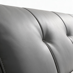 Grey Genuine Leather Upholstered <b>Bed</b> with Tufted Headboard and Rounded Wraparound Base <b>Bed</b> <b>Frame</b> for Modern Bedroom - Product Image 4