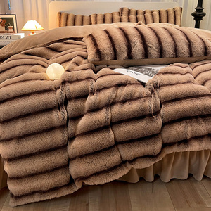 Sang trọng sọc in Faux Thỏ sữa nhung 4pcs beddings thiết lập ấm cúng mùa đông <span class=keywords><strong>Comforter</strong></span> Bìa Quilt bedspread giường phẳng tấm thiết lập - Product Image 2