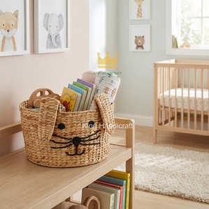 Panier à linge en jacinthe d'eau de haute qualité, en osier, forme d'animal mignon pour chambre d'enfant, organisateur de jouets, couleur naturelle, forme ronde - Product Image 1