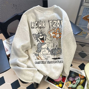100% Cotton Fabric <strong>Tom</strong> <strong>Jerry</strong> Cute Cartoon Printed Hooded Sweatshirt for Men with Fleece Thickened Loose Autumn Winter - Product Image 3