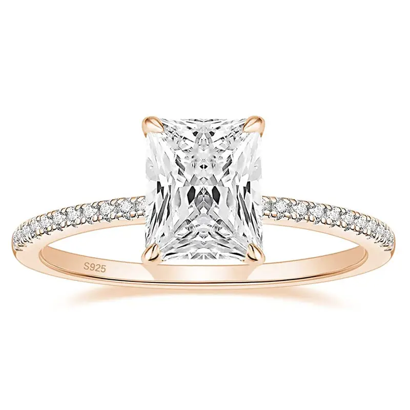 Fashion Jewelry 3CT 925 Sterling Silver Rose Gold Plated Radiant Cut Solitaire Cubic Zirconia Wedding Promise Rings for Women