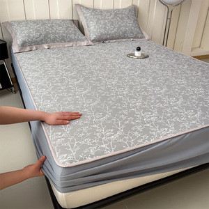Ice <b>Silk</b> Cooling Mat <b>Set</b> Jacquard Weave Fitted Sheet Summer <b>Bedding</b> Soft Breathable Mattress Pad 3 Piece <b>Set</b> - Product Image 4