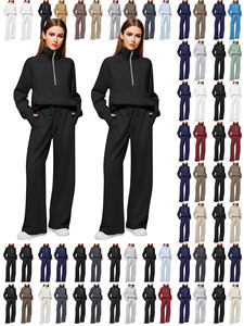 Wholesale Women Two <b>Sets</b> Breathable Polyester Tracksuit Half Zip Pullover Sweatshirt Wide Leg Sweatpants - Product Image 1