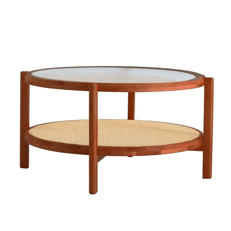 Mesa de centro circular minimalista de madeira maciça de dupla camada, mesa de vidro artesanal, móveis modernos para sala de estar