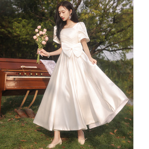 Vestido <span class=keywords><strong>de</strong></span> Noche Delgado Blanco para Mujer, Estilo Francés, Satinado, Ligero, para Otoño, Compromiso o <span class=keywords><strong>Boda</strong></span> - Product Image 4
