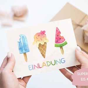 Juego de Tarjetas de Invitación de Helado de Verano, Papel Rectangular Personalizado, Barnizado Mate, Impresión Digital Hecha a Mano para Cumpleaños - Product Image 3
