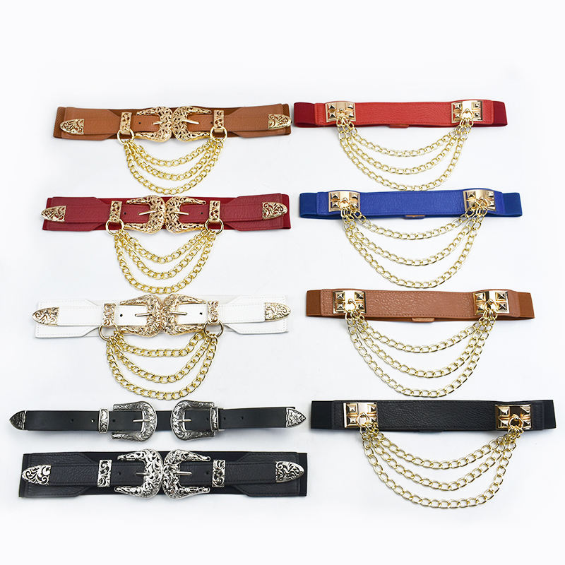 Meetee CB738 Women Fashion Garment Decorative Accessories Elastic Double  Buckle Belts Corset Cummerbunds Chain Waistband Belts