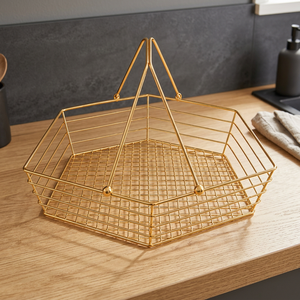 Panier de rangement en fil d'acier inoxydable plaqué or, forme polygonale, organisateur de cuisine minimaliste, multifonctionnel, type crochet, à un seul niveau - Product Image 2