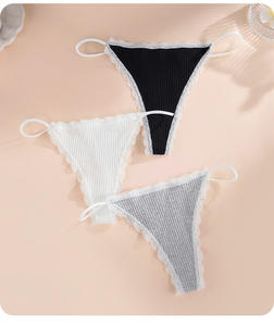 女性用コットンソリッドセクシーレーストリムニットトングローライズリブ快適通気性ビキニストリング下着 - Product Image 1