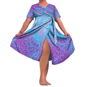 No Minimum Purple And Blue Hawaii Tribal Design Island Dresses Pacific Island Art Elegant V-Neck Lace-Up Princess Dress