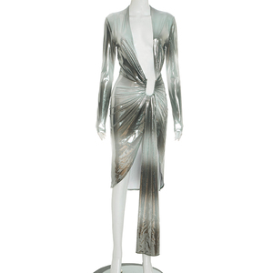 Viviblook J25DS300 Vestido de Noche para Mujer con Cuello en V Profundo, Manga Larga, Ajustado, Sexy, con Abertura y Lazo - Product Image 2