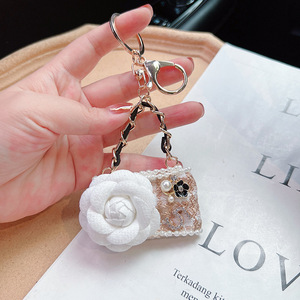 TG-2675 Mini Bag <b>Keyring</b> Coin Purse Bling Crystal Rhinestone Keychain Pendant Bag Shape Key Chain Camellia Flower Keychain - Product Image 5