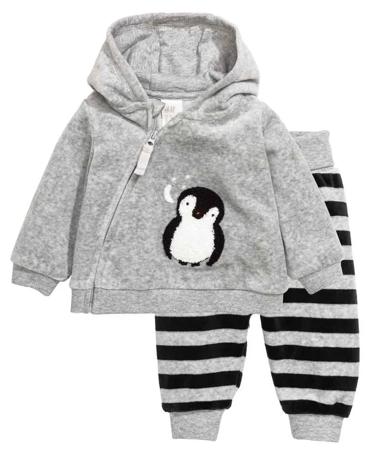 Ensemble de vêtements de pyjama en laine imprimé dessin animé pingouin d'hiver pour enfants et bébés