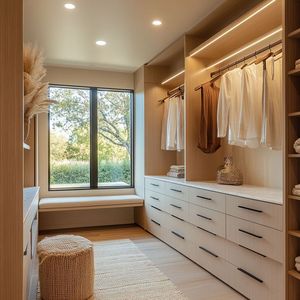 Prima Premium Walk in <strong>Wardrobe</strong> System All White Oak Engineered Wood Cabinetry Textured Shelf <strong>Inserts</strong> <strong>Wardrobe</strong> - Product Image 1