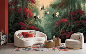 <span class=keywords><strong>Papier</strong></span> <span class=keywords><strong>peint</strong></span> personnalisable avec motif grue et forêt d'érables rouges, paysage de <span class=keywords><strong>jungle</strong></span> mystique vert foncé pour murs d'accentuation, intérieur de maison de luxe - Product Image 6