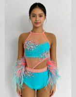 Costume de danse jazz à paillettes bleu pour filles, taille petite, deux pièces, pour spectacle, compétition, tenue de danseuse