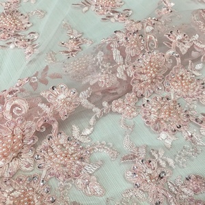 Tissu en <span class=keywords><strong>dentelle</strong></span> perlée rose avec paillettes, broderie de haute qualité, pour robe de mariée, nouvelle collection de luxe - Product Image 2