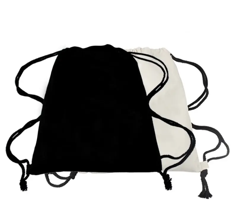 Recycled custom logo high quality travel white Black large cinch backpack gym cotton canvas sport drawstring bag