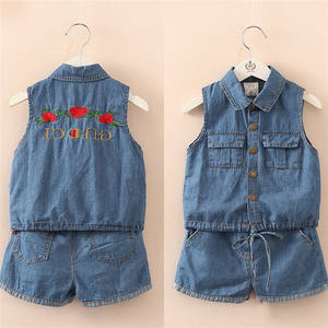 Conjuntos de Ropa para Niñas, Diseño de Bordado de Dibujos Animados, Estilo Casual de Verano, Chalecos y Pantalones Cortos de Mezclilla, OEM - Product Image 3