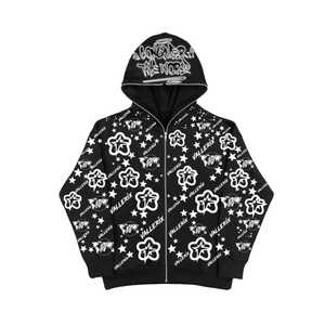 Sudadera con capucha gráfica negra para hombre, ropa de calle, chaqueta estampada a la moda con cremallera, sudadera informal cálida, traje de invierno a la moda - Product Image 1