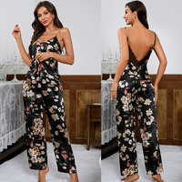 Ensemble pyjama en satin avec dos en dentelle et pantalon large pour femme, vente en gros, lingerie sexy, vêtements de nuit en stock