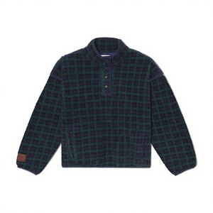 <b>Women's</b> Plaid <b>Fleece</b> Pullover Button Up Collar Long Sleeve Casual Winter Warm Jacket Green <b>Navy</b> Checkered Pattern - Product Image 4