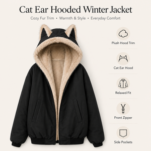 Veste à capuche avec oreilles de chat pour <span class=keywords><strong>femme</strong></span>, <span class=keywords><strong>manteau</strong></span> d'hiver <span class=keywords><strong>noir</strong></span> avec doublure douce et poches - Product Image 6