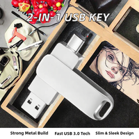 Custom 2-in-1 Silver Logo Key USB 3,0 Flash Drive 16GB Memory Stick para teléfono Computadora Laser Gadgets PenDrive Metal Construction