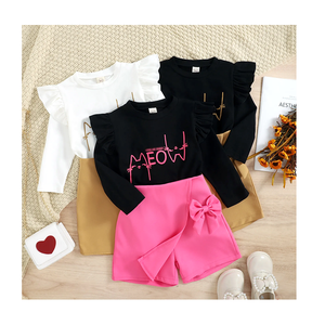 Ensembles de vêtements pour fillettes avec lettres imprimées, sweat-shirts en coton + shorts, tenues décontractées d'été - Product Image 1