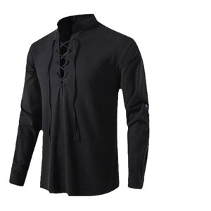 Camisas de Hombre 100% Algodón, Casuales, sin Cuello, con Cinturón, Tejidas, Retro, con Cordones, para Renacimiento, Pirata, Medieval, Vikingo - Product Image 5