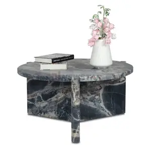 Fantasy calacatta black marble table top custom stone base legs round marble centre table