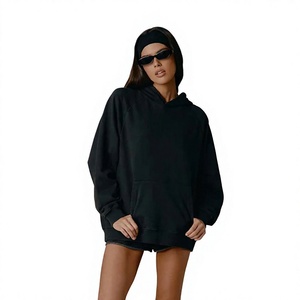 Women's Oversized <b>Black</b> Hooded Fleece Sweatshirt Full <b>Sleeve</b> With Pockets Solid Color Drop-Shoulder <b>Long</b> Length Autumn Wear - Product Image 1