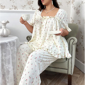 <strong>Plus</strong> <strong>Size</strong> Women's Pajama Oversize Sleepwear Large Rose Printed Pajamas for Women <strong>Set</strong> Square Neckline &amp; Bow Tie <strong>Loungewear</strong> <strong>Set</strong> - Product Image 2