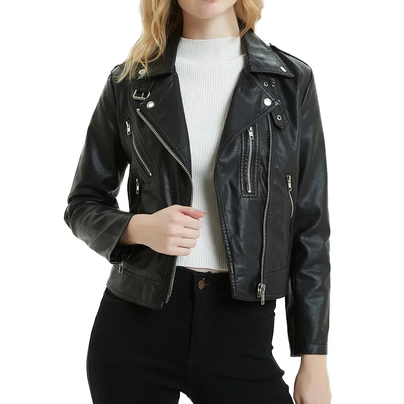 Fashionable Casual Lady Autumn Soft Leather Basic Coat Black PU Leather Women Classic Zipper Short Motorcycle Jackets