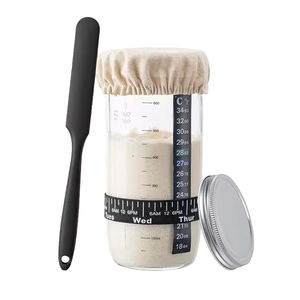 24 oz Acacia Wood <b>Lid</b> Sourdough Starter Wide Mouth <b>Glass</b> <b>Jar</b> Container Date Marked Feeding Band Freezer Safe Kitchen Baking - Product Image 1