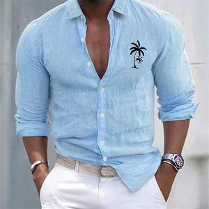 <span class=keywords><strong>Camicia</strong></span> Premium da <span class=keywords><strong>Uomo</strong></span> in <span class=keywords><strong>Lino</strong></span> Azzurro con Stampa Palme, Maniche Lunghe, Casual da Spiaggia per Vacanze e Uso Quotidiano - Product Image 1