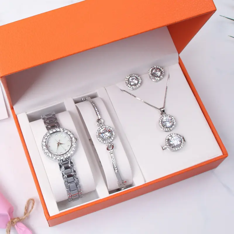 Fashion Womens Watch Gift Set 5 Piece Set Rose Gold Silver Exquisite Ladies Watches Gift Set