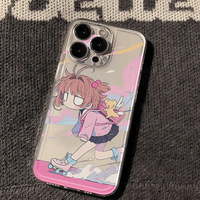 Étui de téléphone charmant avec motif de dessin animé Cardcaptor Sakura pour 15 Pro Max/14/13/12/11, étui transparent souple et mignon, protection à 360 degrés