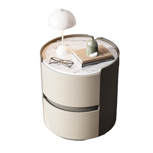 Modern Minimalist Round <strong>Bedside</strong> <strong>Table</strong> with <strong>Marble</strong> Top 2 Drawers PU Leather Storage Nightstand Hotel Workshop Furniture - Product Image 1