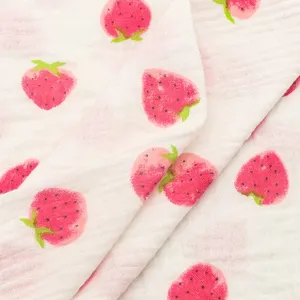 Custom cheap cute strawberry woven 100% cotton 115gsm soft double gauze muslin fabric for clothing