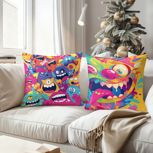 Bantal hias monster kartun yang cerah menghiasi sofa ruang tamu yang nyaman dengan kaus kaki liburan yang meriah di latar belakangnya. - Product Image 4